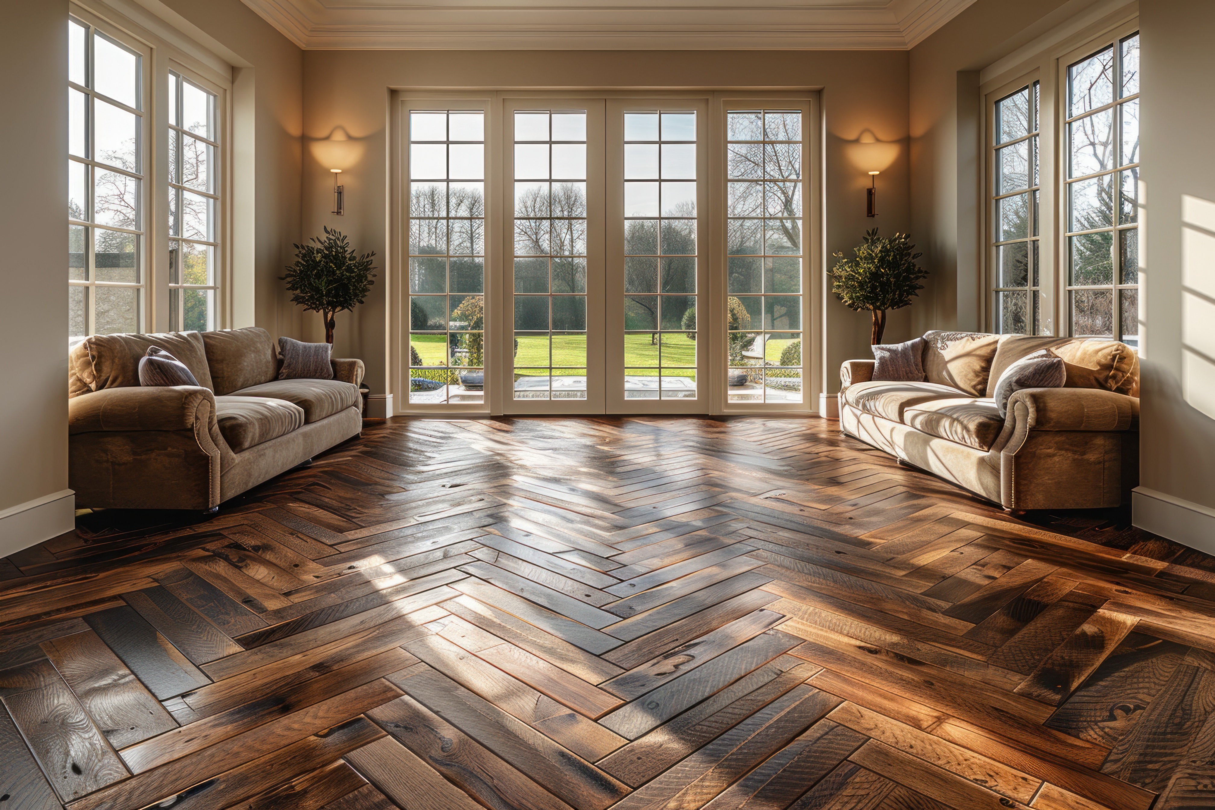 Bold flooring patterns, including geometric designs and herringbone wood floors, showcasing their sophistication and flair. Discover how these trendy patterns can transform your space at Veteran Flooring LLC.